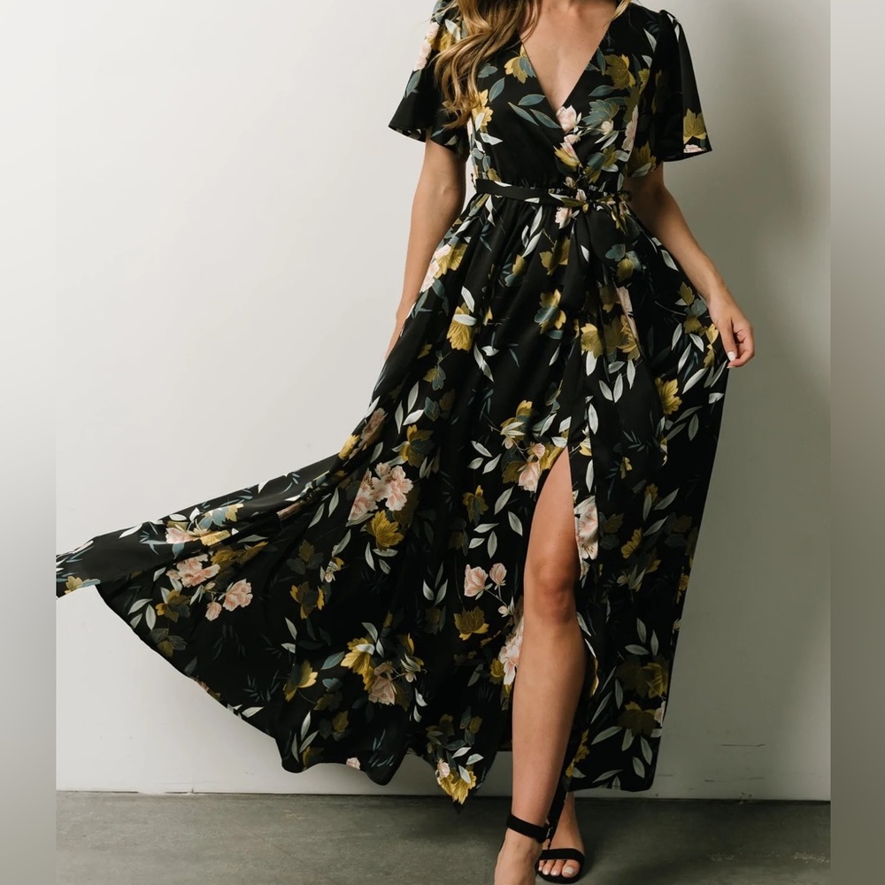 Baltic Born - Sicily Satin Maxi Dress | Black Floral Size Large